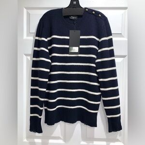 The Kooples NWT $395 Navy and White Striped Cashmere Crewneck Sweater, Size L.